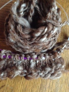 Handspun is so different to knit with from store bought yarns. Even this chunky yarn easily slid on my needles.